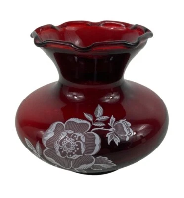 Vintage Anchor Hocking Ruby Red Glass Vase Ruffled Rim & Etched Floral Design - Image 1 of 4