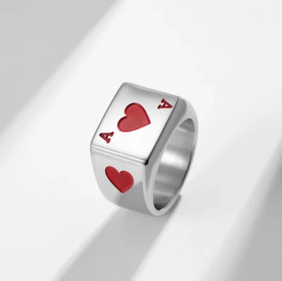 Anillo clásico grabado As de corazones de acero inoxidable 316L letra A Foto 1 de 3