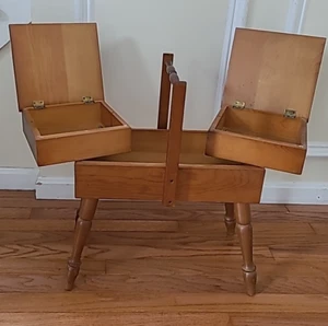 Vintage Mid Century Modern Holz Nähkästchen MCM erweiterbar Ständer gedrechselte Beine c68 - Bild 1 von 19