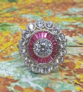 3Ct Emerald Cut Lab Created Pink Ruby Antique Style Ring 14K White Gold Plated - Picture 1 of 5