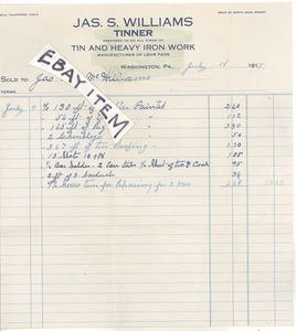 1917 Washington Pennsylvania JAMES S WILLIAMS Tinner Iron Worker ENSEÑANZA PANS BHD - Imagen 1 de 1