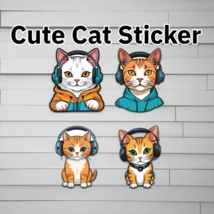 Cat Headphones Decal (vinyl Sticker, Car laptop window tumbler water bottle) - Picture 1 of 6