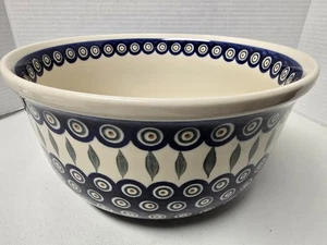 Bolaslawiec Polish Pottery Mixing Bowl Peacock Vine Cobalt Blue and Ivory 10½ in - Picture 1 of 15