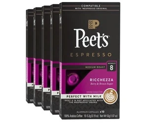 Peet's Ricchezza Espresso Capsules 10 Count Medium Roast Intensity 8 Coffee 5pk - Picture 1 of 1