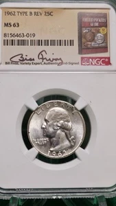 1962 Washington Quarter 25c MS63 Type B Bill Fivaz Signature Label - Picture 1 of 4