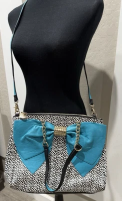 BETSEY JOHNSON Bow Crossbody Blue Teal Turquoise Black Polka Dot Purse Handbag - Image 1 of 4