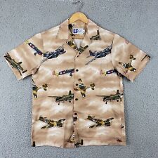 RJC Hawaiian Shirt Mens Medium Brown Button Up War Planes Airplane Short Sleeve