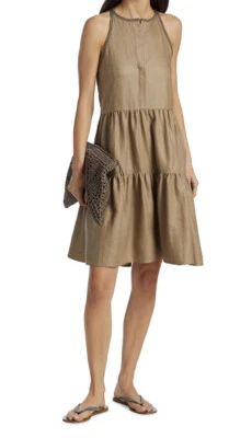 BRUNELLO CUCINELLI 亚麻混纺分层连衣裙 带 Monili 装饰 M/IT42 — 第 1/4 张图片