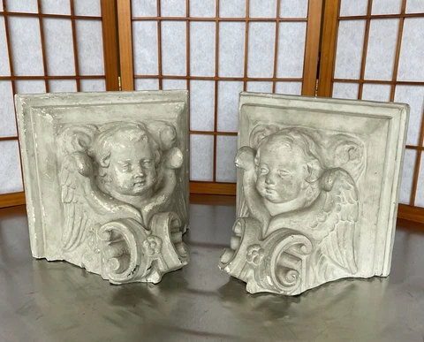 Antique Pair of 19th Century French Plaster Hollow Form Eavesdropper Angels Cover