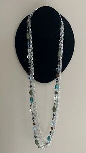 Premier Designs Multi Strand Blue Green Beaded Necklace In Satin Silver Tone