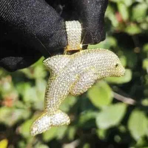 2Ct Round Lab Created Diamond Dolphin Fish Charm Pendant 14k Yellow Gold Plated - Picture 1 of 4