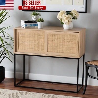 Mid-Century Sideboard Buffet W/ Rattan Woven Doors Metal Frame Storage Solution - Image 1 of 4