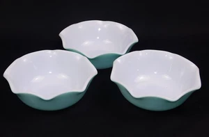 Set of 3 Vtg Hazel Atlas Milk Glass Aqua Blue Ripple Crinoline 5.5" Bowls - Picture 1 of 3