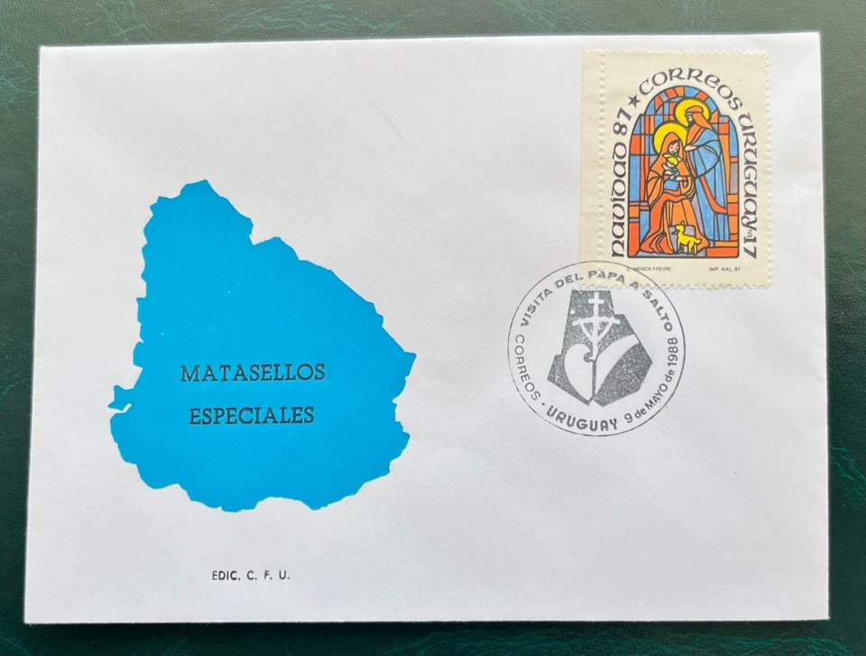 УРУГВАЙ * СПЕЦИАЛЬНЫЙ ПОЧТОВЫЙ ШТЕМПЕЛЬ «ВИЗИТ ПАПЫ ДЖОНА ПАВЛА II В УРУГВАЙ» ОБЛОЖКА YVERT #1226 - Изображение 1 из 1