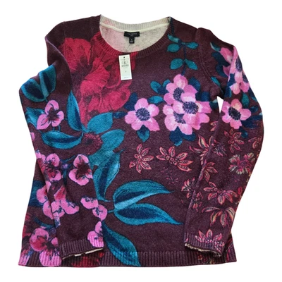 Talbots Sweater Women’s Size Petite Maroon Pink Teal Floral  NWT - Image 1 of 4