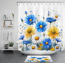 Watercolor Blue and Yellow Daisy Floral Shower Curtain Set for Bathroom Decor