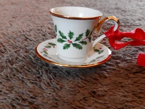 Lenox Holiday Christmas Tree Ornament Holly Berry Tea Cup and Saucer Porcelain - Picture 1 of 13