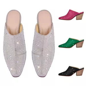 Women's Pointed Toe Rhinestone Mules Chunky Mid Heeled Holiday Sandals Slides - Picture 1 of 28