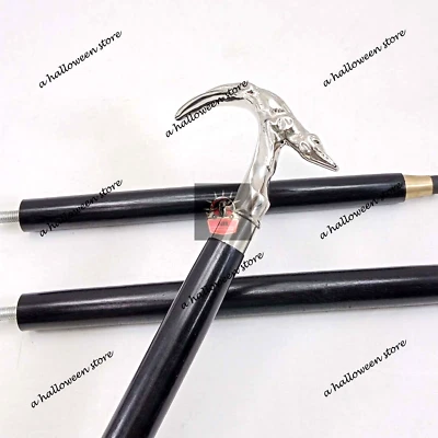 Bastón bastón de madera negro vintage mango de cocodrilo de latón plateado Foto 1 de 4