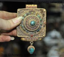 4'' Tibetan temple Silver filigree Gilt turquoise gem Tara statue amulet Pendant