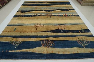 9 x 12 ft Navy Blue Beige Landscape Gabbeh Tribal Afghan Hand Knotted Area Rug - Picture 1 of 19