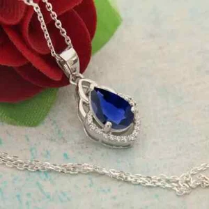 2Ct Pear Cut Lab Created Sapphire Women's Pendant 14K White Gold Plated 18"Inch - Picture 1 of 6