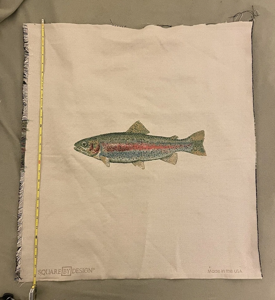 Square By Design Woven Fabric Tapestry W/ Rainbow Trout Embroider 28”x25” USA - Image 1 of 2