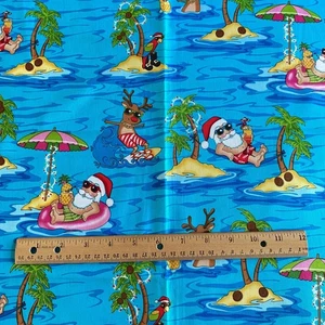 1 YD Tropical Chillin Santa Fabric Novelty Cotton Print - Picture 1 of 8