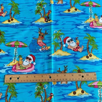 1 YD Tropical Chillin Santa Fabric Novelty Cotton Print - Image 1 of 4