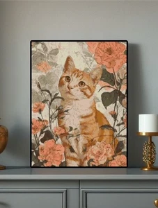 Gattino Gatto e Fiori #2 Ephemera Shabby Chic Contato Punto Croce MODELLO Tabella - Foto 1 di 2