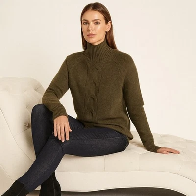 GARNET HILL Cable-Detail Cashmere Tunic Sweater Olive Green Sz S $289 {3E50} - Image 1 of 4
