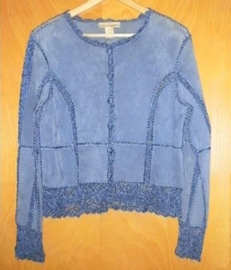 SUEDE ESSENTIALS UNIQUE DEEP BLUE 100% LEATHER WOMENS JACKET W EMBROIDERY L P - Picture 1 of 15