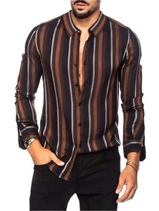 Slim-Fit Striped Long-Sleeved Men's Shirt with Square Collar - Lightweight Multi - Picture 1 of 21