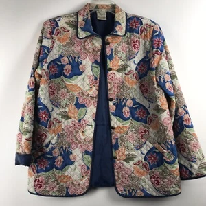 Allison Daley Quilted Lined Jacket Size 10 Beige Blue Persimmon  Fall Floral - Picture 1 of 5