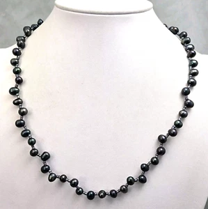 Black Color Freshwater Pearl Beaded Boho Beachy Silvertone Metal Strand Necklace - Picture 1 of 11