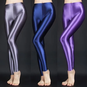 Womens Shiny Wetlook Satin Opaque Leggings Skinny Long Pants Dance Yoga Trousers - Picture 1 of 26