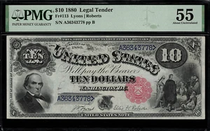 1880 $10 Legal Tender FR-113 - "Jackass" - Graded PMG 55 - About Uncirculated - Picture 1 of 2