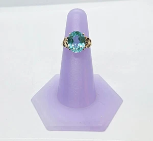 Floral Accented 10K Solid Yellow Gold Blue Topaz Ring Size 5 3/4 , 4 grams - Picture 1 of 18