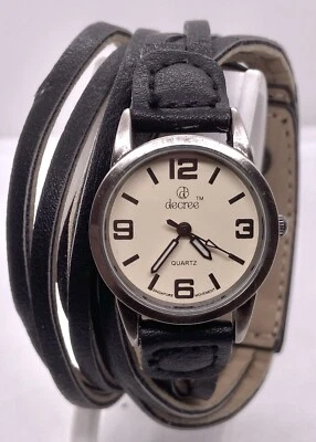 DECREE WATCH Ladies/Teens New Battery Faux Leather Black Wide Strap Snap Close - Image 1 of 4