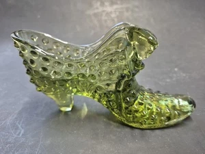 Vintage Olive Green Hobnail Cat Glass Shoe Slipper SEE ALL PICTURES - Picture 1 of 10