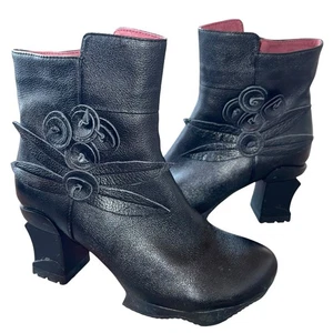 Steampunk Goth Laura Vita Leder Stiefel 8,5 schwarz Plateau Blumen Blockabsatz - Bild 1 von 11