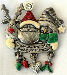 AJMC Christmas Pin ~ Brooch ~ Friends Are The Best Presents ~ Santa & Friends - Picture 1 of 3