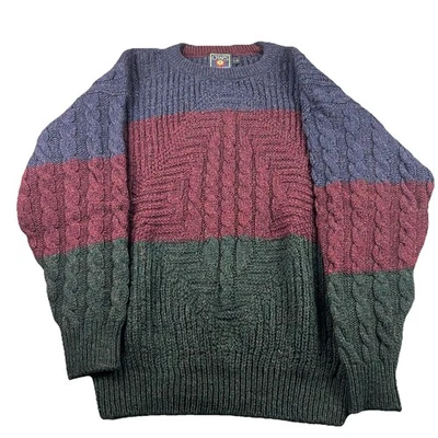 VTG Chaps Ralph Lauren Sweater Mens Large Navy/Red Cable Knit & Striped Wool USA - Image 1 of 4