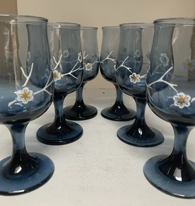6 Vintage Libbey Smokey Blue Glass Dogwood Flower Wine Goblet Stemmed 5 5/8” - Picture 1 of 3