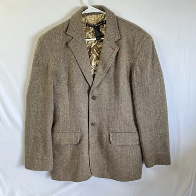 DKNY 粗花呢夹克棕色人字形羊毛西装外套运动外套 42R L — 第 1/4 张图片