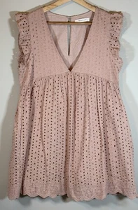 Mustard Seed Mini Dress Womens Med Eyelet Babydoll Ruffle Romper Lining Dainty - Picture 1 of 13