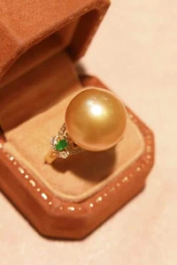 Flawless 12.-13mm Rich gold south sea pearl ring G18K & Diamond Emerald - Picture 1 of 4