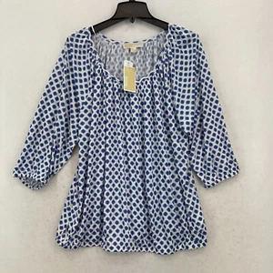 Michael Kors 3Q Scoop Neck Knit Top Women's 2X White Blue 3/4 Sleeve Boho Preppy - Picture 1 of 13