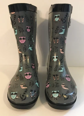 Botas de Lluvia Capelli New York Brillantes Pop Owl Estampadas Talla 10 Gris Negro Equipo de Lluvia Foto 1 de 4