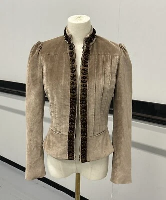 Chaqueta Blazer Única Elie Tahari Terciopelo Marrón Tostado Volantes Glamour Moderna Talla Pequeña Foto 1 de 4